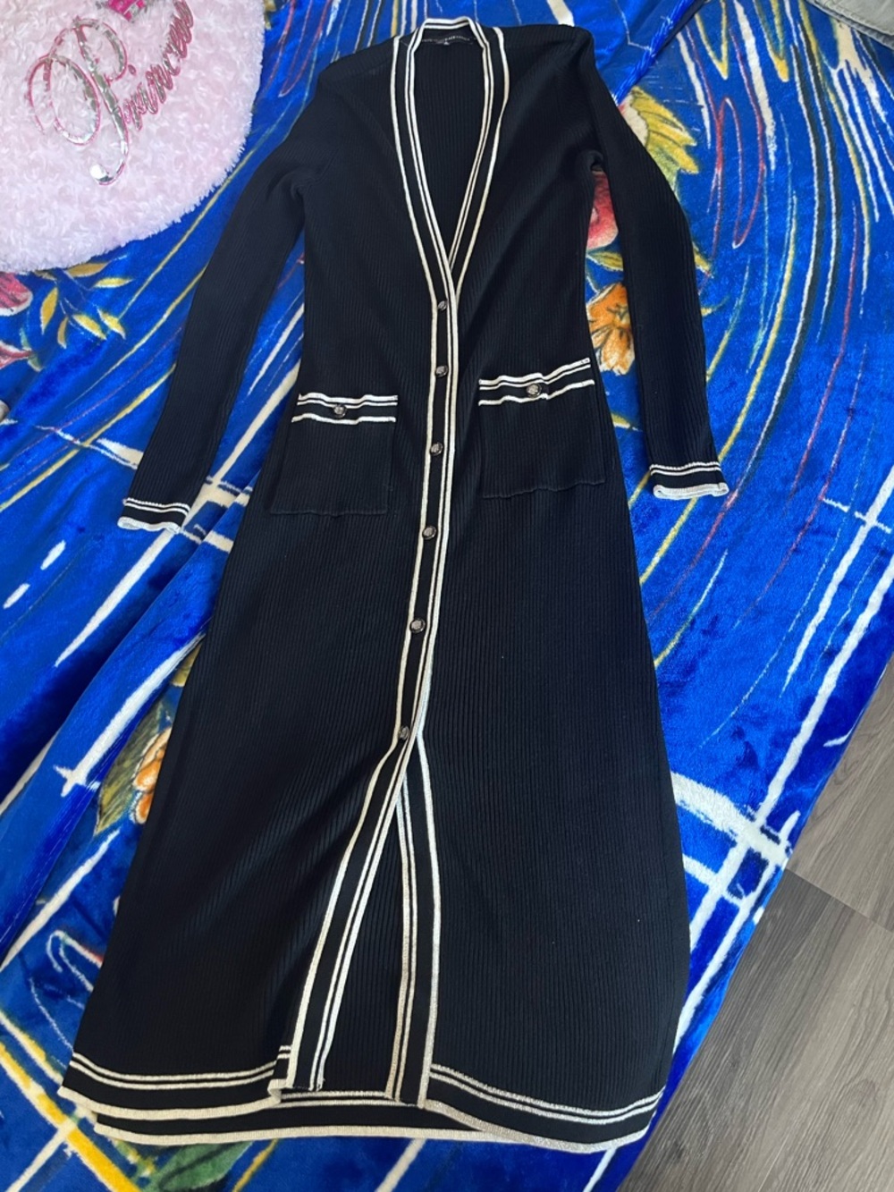 Classic Black Long Cardigan Dress with Contrast Trim